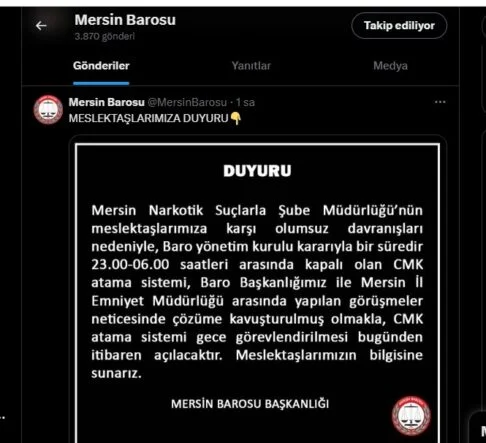 MERSİN BAROSU, CMK ATAMA SİSTEMİNİ YENİDEN AÇTIĞINI DUYURDU