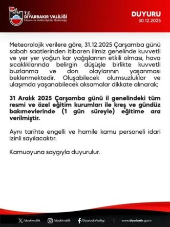 DİYARBAKIR’DA OKULLAR ÇARŞAMBA GÜNÜ TATİL EDİLDİ